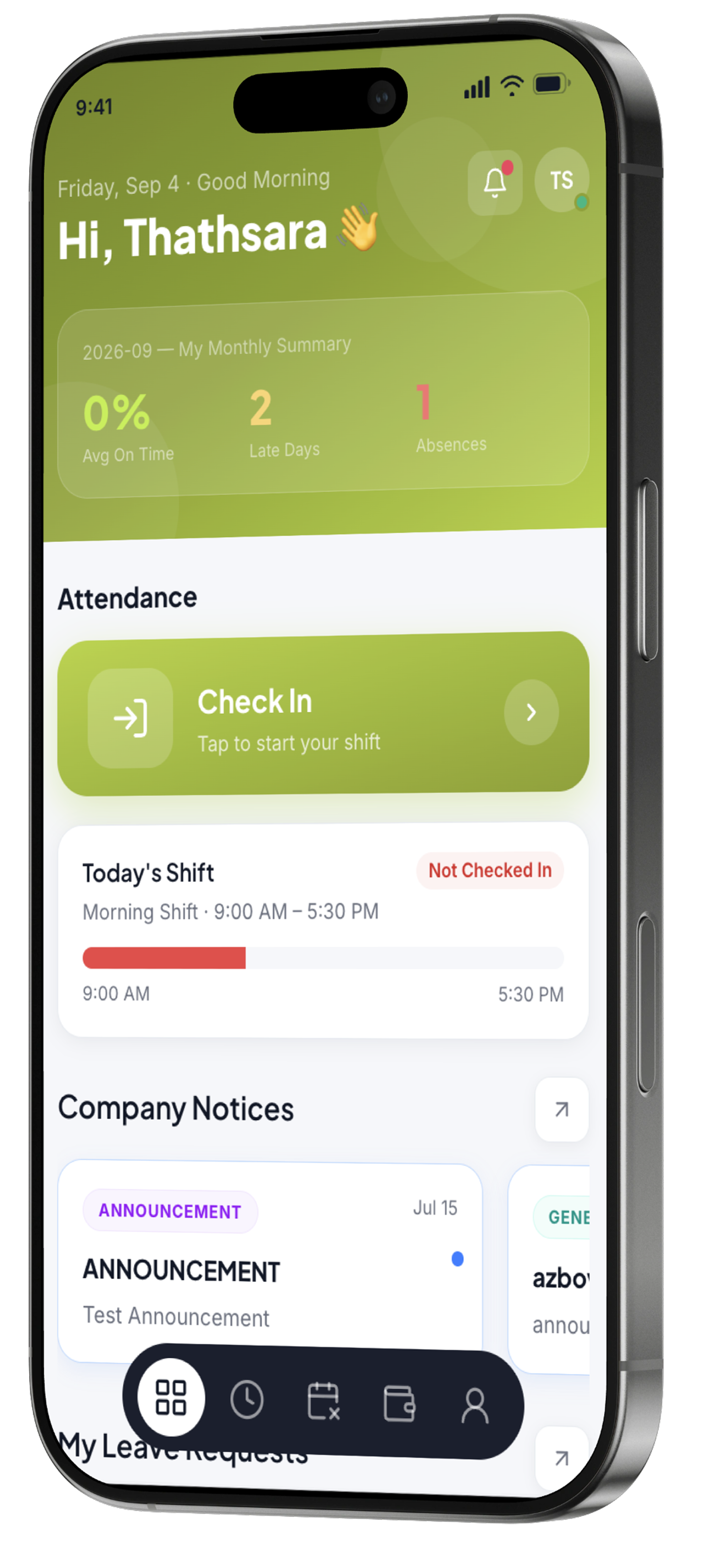 The comun HR home screen showing today's shift, a check-in button and company notices
